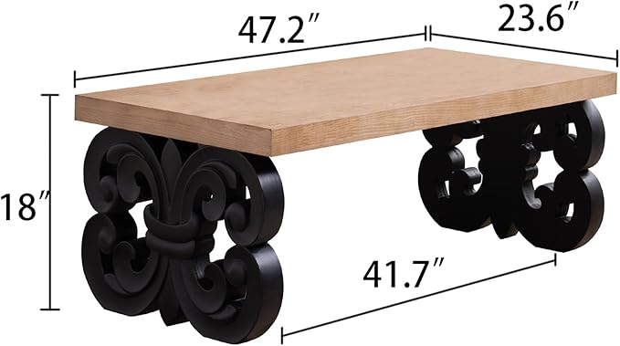 Rectangular Coffee Table with Natural Wood Top, Rustic Wooden Center Table with Black Carved Base, Farmhouse Tea Table for Living Room Office Apartment,47.2" L x 23.6" W x 18" H