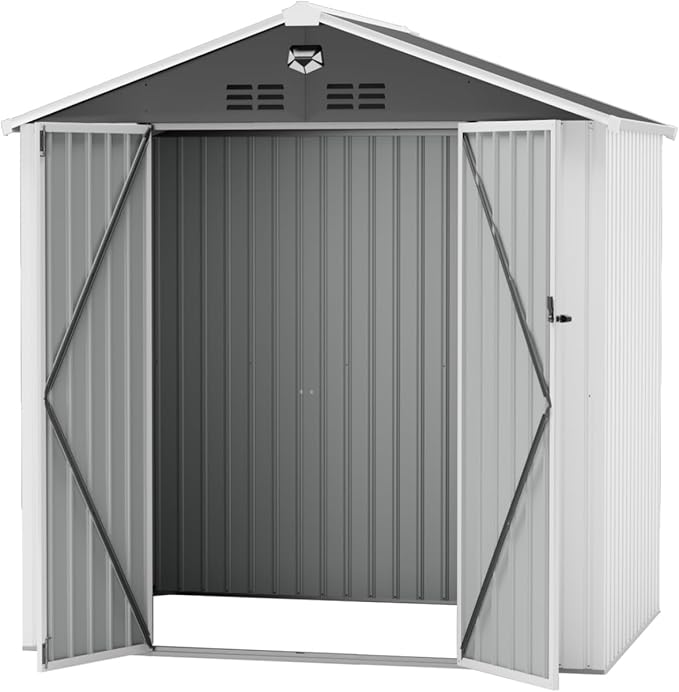 8x6 FT Outdoor Storage Shed, Metal Sheds & Outdoor Storage, Waterproof Sheds with Lockable Doors for Backyard (White, No Window)