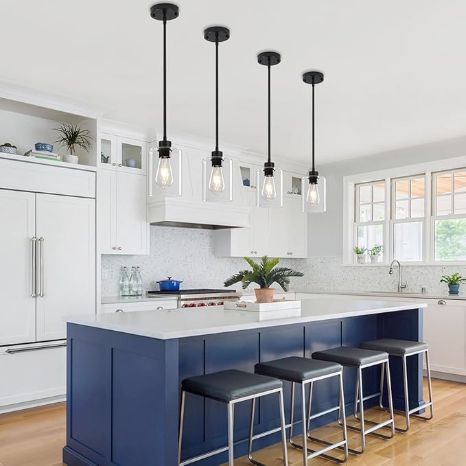 3 Pack Glass Pendant Lights Kitchen Island, Modern Black Pendant Lighting Over Island Hanging Light Fixtures Kitchen Ceiling Lamp Farmhouse Mini Chandeliers for Hallway Entryway Bedroom Dining Room
