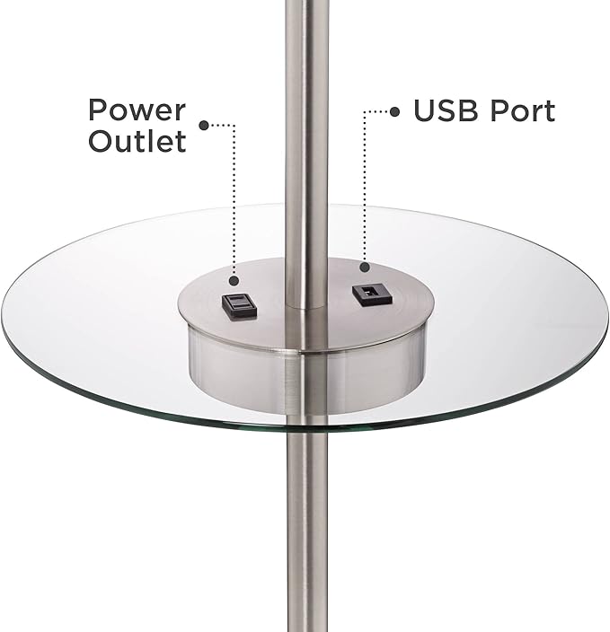 360 Lighting Caper Modern Floor Lamp with Tray USB and AC Power Outlet on Table Glass 60.5" Tall Satin Nickel White Fabric Drum Shade for Living Room Reading House Bedroom