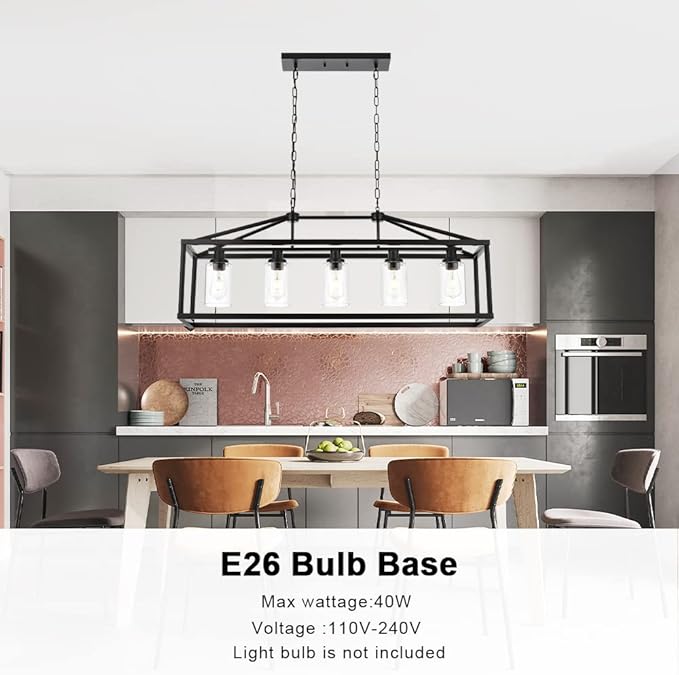 BONLICHT Kitchen Island Lighting 5 Light Modern Farmhouse Metal Cage Chandeliers with Clear Glass Shade Black Industrial Rectangle Dining Room Light Fixture Hanging Pendant Lamp for Foyer Bar Entryway