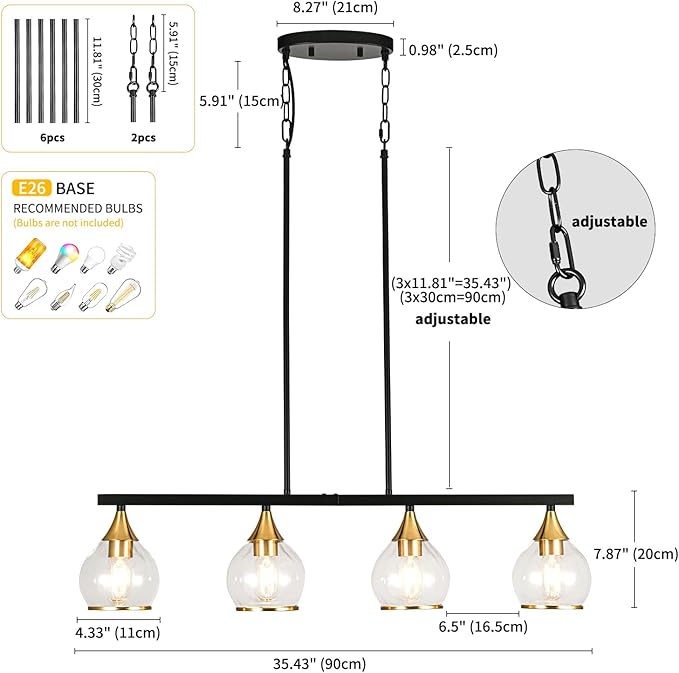 Island Light for Kitchen, 4-Light Black and Gold Kitchen Island Farmhouse Linear Hanging Pendant Chandeliers, Matte Black Dining Room Light Fixture Over Table with Clear Round Glass Shades
