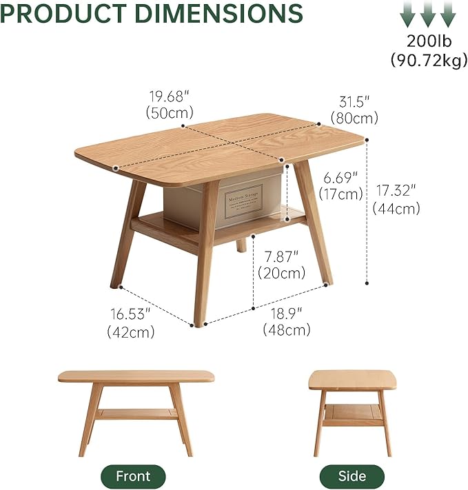 100% Solid Oak Wood Coffee Table for Living Room, Small Table with Shelf Storage, Mid Century Modern Coffee Tables with Rounded Corners for Home (Natural, 31.49" x 19.68" x 17.32")