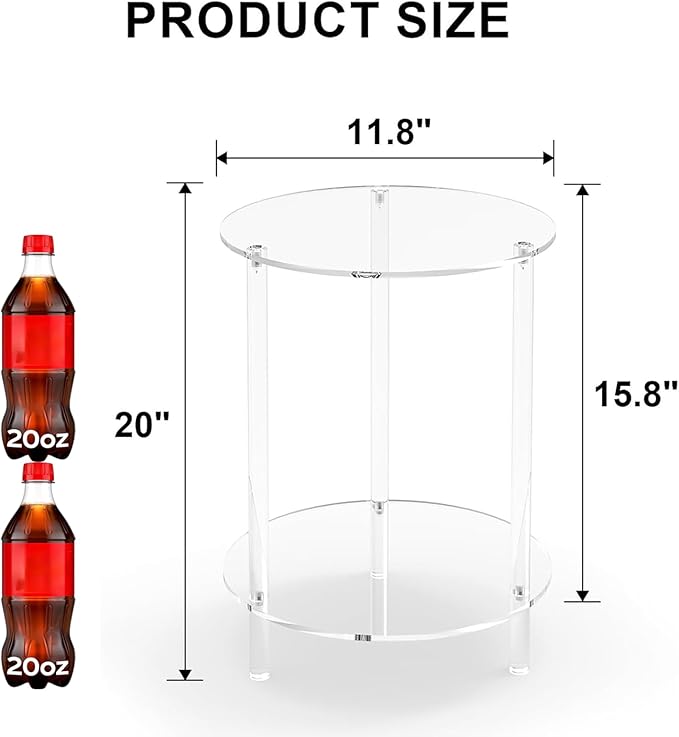 Clear Acrylic Round Side Table for Small Spaces, Acrylic Clear Coffee/End/Bedside Table,2-Tier Acrylic Nightsand/Furniture for Living Room, Bedroom, Bathroom, Garden, Office