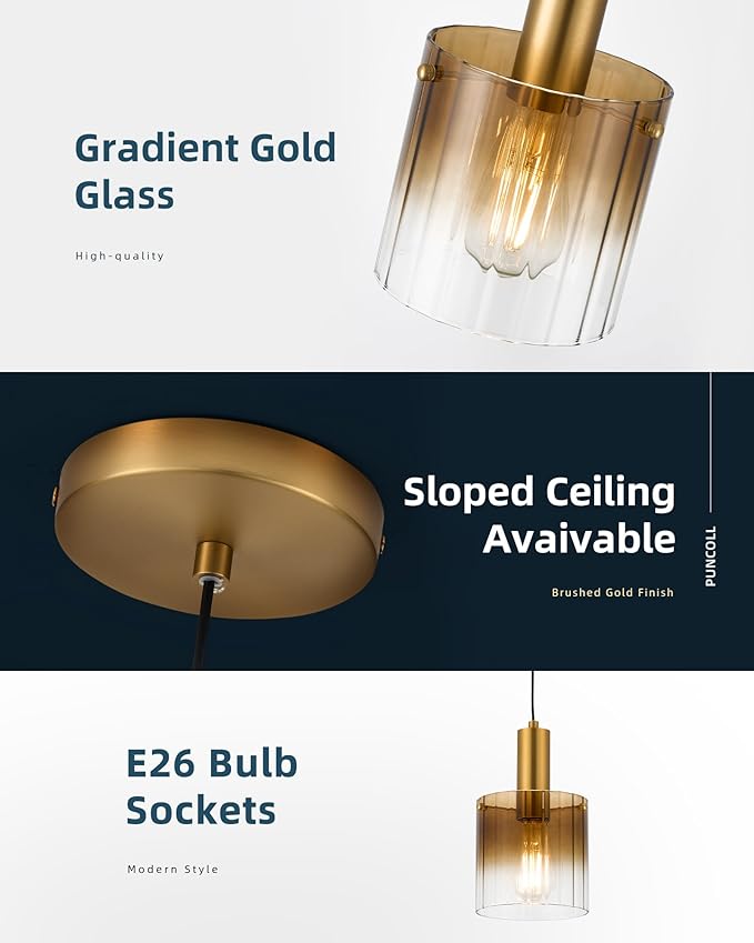 Gold Pendant Light Fixtures Kitchen Island - Pendant Hanging Light with Gradient Color Glass for Kitchen Sink Dining Room Bedroom, H3959-1-COBG