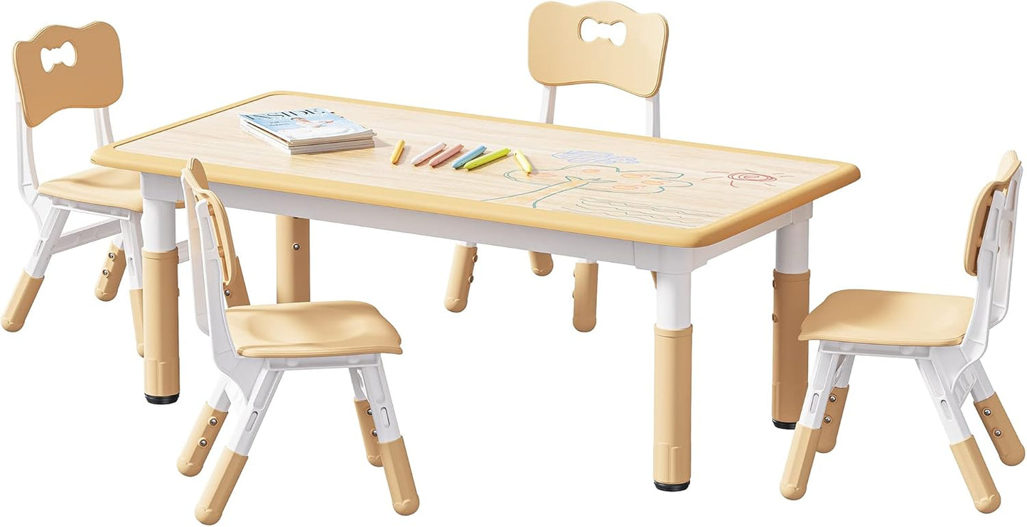 Brelley Kids Table and 4 Chairs Set, Height Adjustable Toddler Table and Chair Set, Graffiti Desktop, Non-Slip Legs, Max 300lbs, Children Multi-Activity Table for Ages 2-8