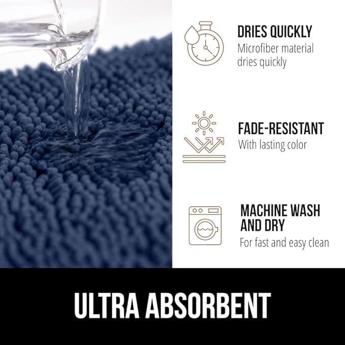 GORILLA GRIP Bath Rug Mat 70x24, Soft Absorbent Chenille, Quick Dry Microfiber Mats, Rubber Backing Washable Shower Floor Rugs, Bathmat Runner, US Designed Bathroom Home Decor Accessories Navy Blue