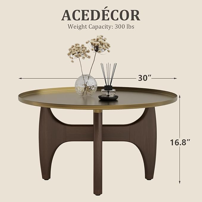 ACEDÉCOR Round Coffee Table, 30" Coffee Tables with Brushed Gold Tray Top and Solid Walnut Wood Base, Center Table for Living Room, Apartments and Small Spaces，Easy-Clean