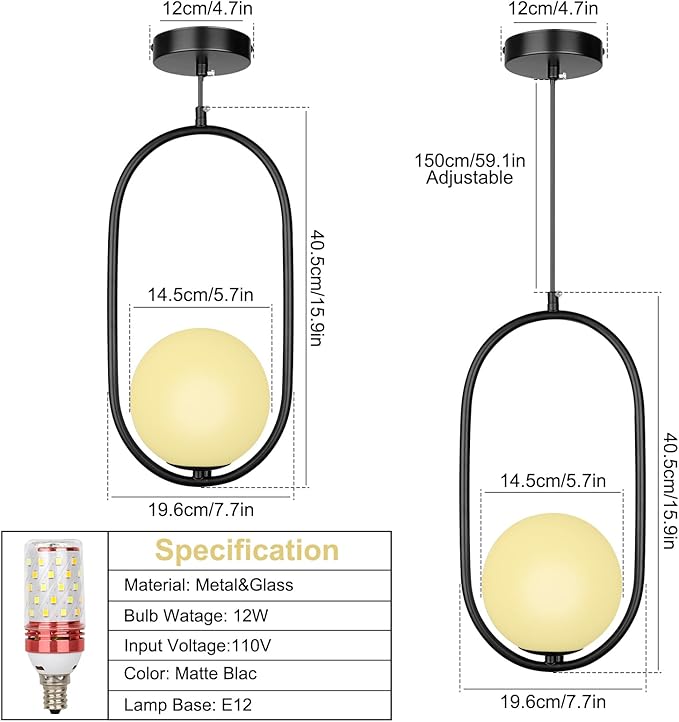 lobolighting Modern Pendant Lighting, 2 Pack Black Pendant Light Fixtures Adjustable Height Mid Century Chandelier, Frosted Glass Globe Single Hanging Light for Kitchen Island Dining Room Bedroom