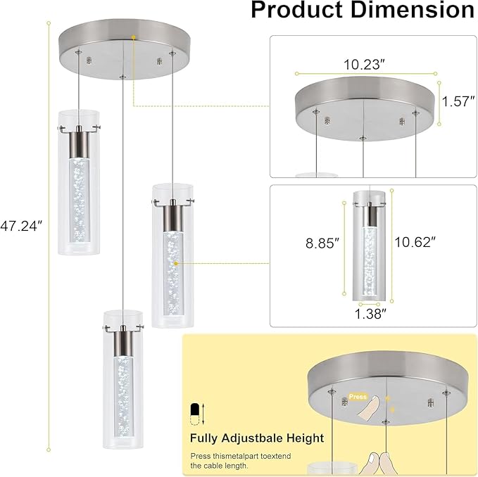 Pendant Light Kitchen Island with Remote Control, Dimmable & Adjustable Color Temperature 3000K/4000K/6000K, Modern Brushed Nickel & Clear Glass Lighting Fixture for Dining Room