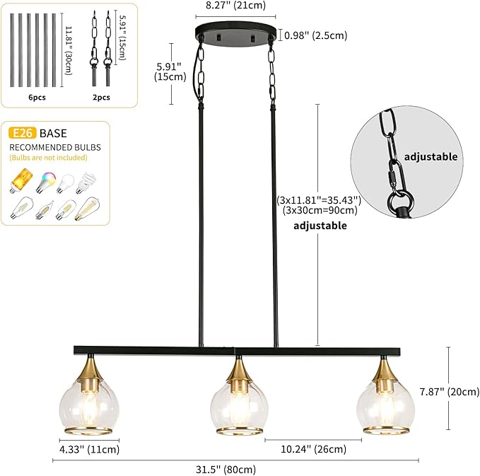 Island Light for Kitchen, 3-Light Black and Gold Kitchen Island Farmhouse Linear Hanging Pendant Chandeliers, Matte Black Dining Room Light Fixture Over Table with Clear Round Glass Shades