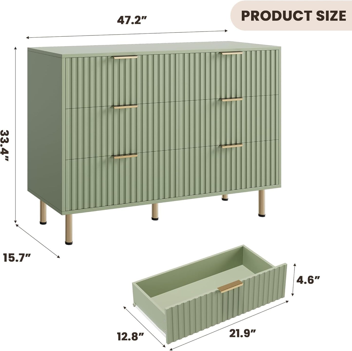 Green 6 Drawer Dresser for Bedroom, Fluted 47.2" Wide Modern Chest of Drawers with Deep Drawers, Long Large Double Dresser TV Stand for Living Room, Hallway, Kids Room