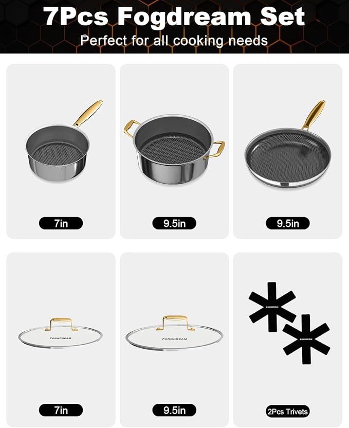 FogDream 5pcs Stainless Steel Cookware, Tri Ply Pots And Pans Set, Non Stick Frying Pans, Cool Handles, Dishwasher Safe, Induction Compatible, Silver (rose gold)