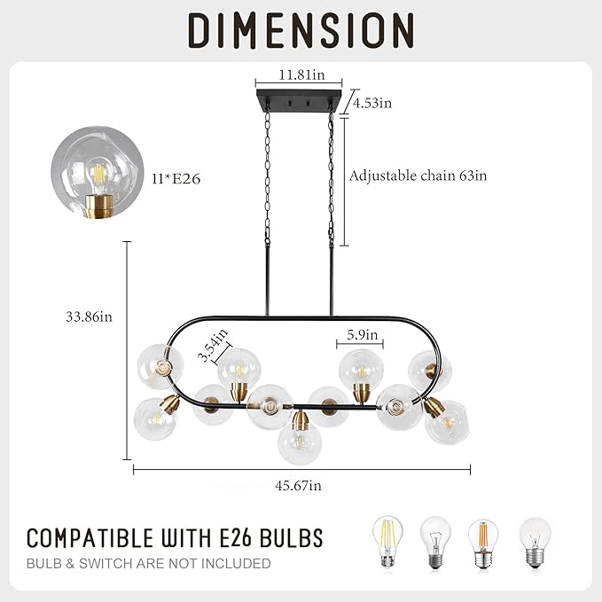 Linear Chandelier for Dining Room 45'' Black and Gold Island Lights Rectangle Dining Room Light Fixture 11-Light Modern Farmhouse Chandelier with Clear Glass Large Mid Century Island Pendant Light