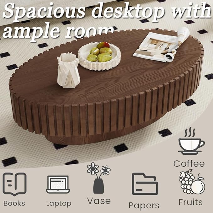 43.3” Oval Coffee Table Modern Fluted Coffee Table Handcrafted Relief Center Table with Sturdy Pedestal Mid Century Modern Center Table Tea Table for Living Room Apartment (Dark Brown)