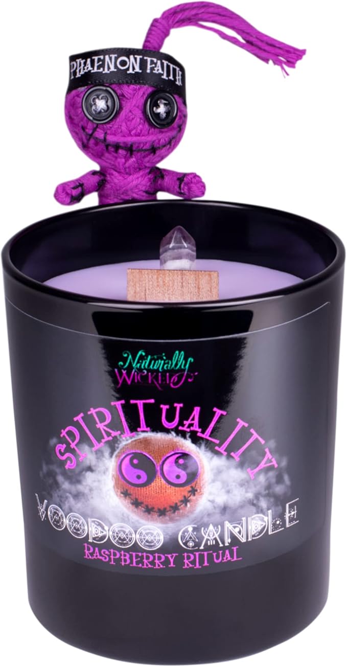Naturally Wicked Voodoo Spirituality Candle Set - Inc. Voodoo Doll, Crystal, Wood Wick, Raspberry Ritual Scent & Gift Box