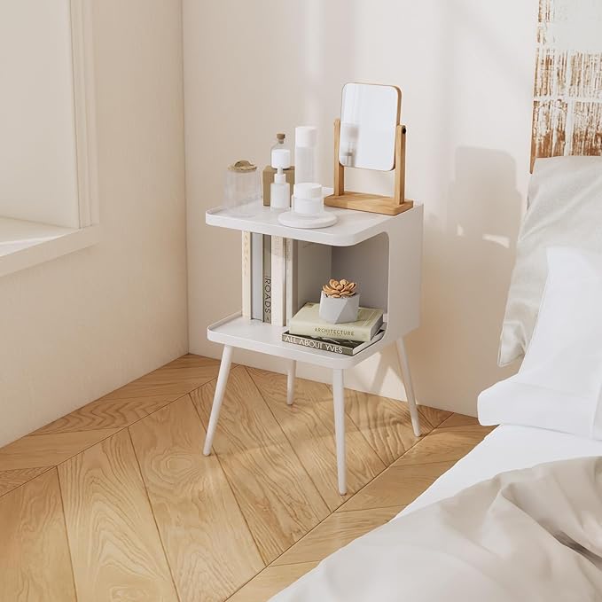 Metal Side Table,Modern end Table,Bedside Table,Small nightstand with Storage Shelf for Bedroom Living Room Small Space (White)