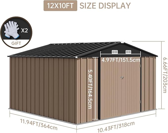 12X10FT Metal Storage Shed - Large Waterproof Tool Metal Shed with Lockable Doors & Vents, All-Weather Outdoor Sheds for Lawn Mower, Bike
