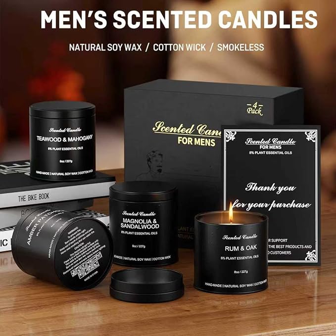 Men's Scented Candle Sets | 4 Pack Aromatherapy Candles Gift in Matte Black Tins for Christmas,Father | Soy Wax Manly Candles of Amber Patchouli,Rum&Oak,Teawood&Mahogany,Magnolia&Sandalwood