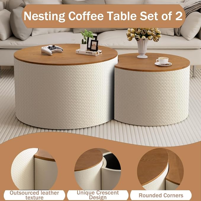 Nesting Coffee Table Set of 2 Modern Round Coffee Table with Hidden Storage Round Side Table Drum Accent End Tables for Living Room, Bedroom (White)