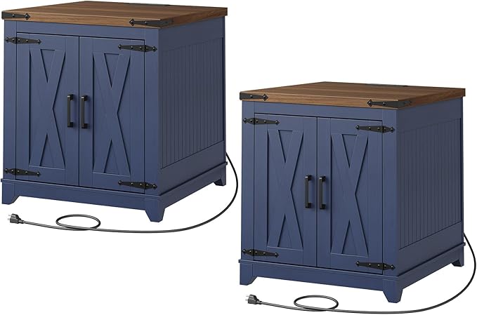 Farmhouse End Table Set of 2, End Tables Living Room, Large End Table with Charging Station, Square Side Table with Adjustable Shelf, Wooden Nightstand for Bedroom, Ink Blue and Walnut