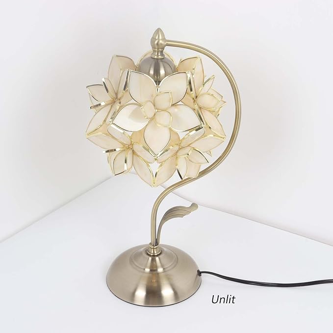 Bieye L11029 Tiffany Style Stained Glass Flower Petal Table Lamp with Brass Base for Home Décor (Cream, 8" Rose Lily)