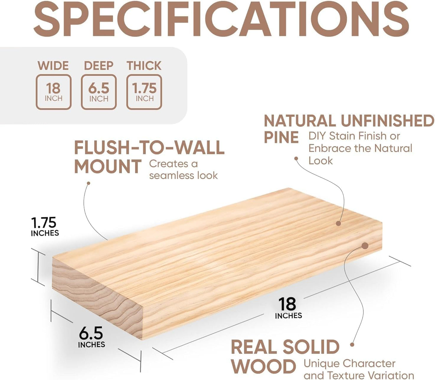 Homeforia 18 inch Wood Floating Shelves, High End Solid Natural Wood 18inch Floating Shelf for Wall Mounted, Unfinished Wooden 18in Floating Shelves, Heavy Duty Bracket, 18 X 6.5 X 1.75 inch, Set of 2