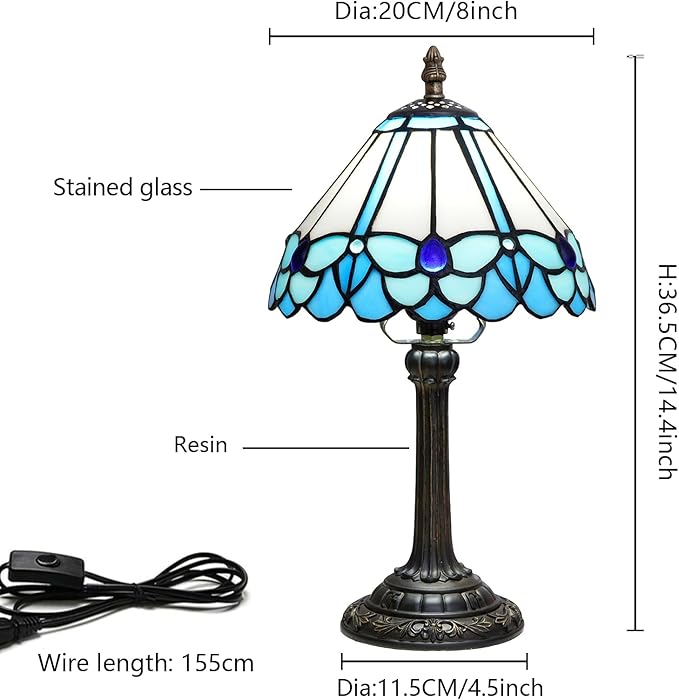 Tiffany Lamp Little Blue Butterfly Style Stained Glass Reading Lamp 8X8X14 Inch Bedroom Bedside Nightstand Night Light Home Office Desk Lamp with LED Bulb