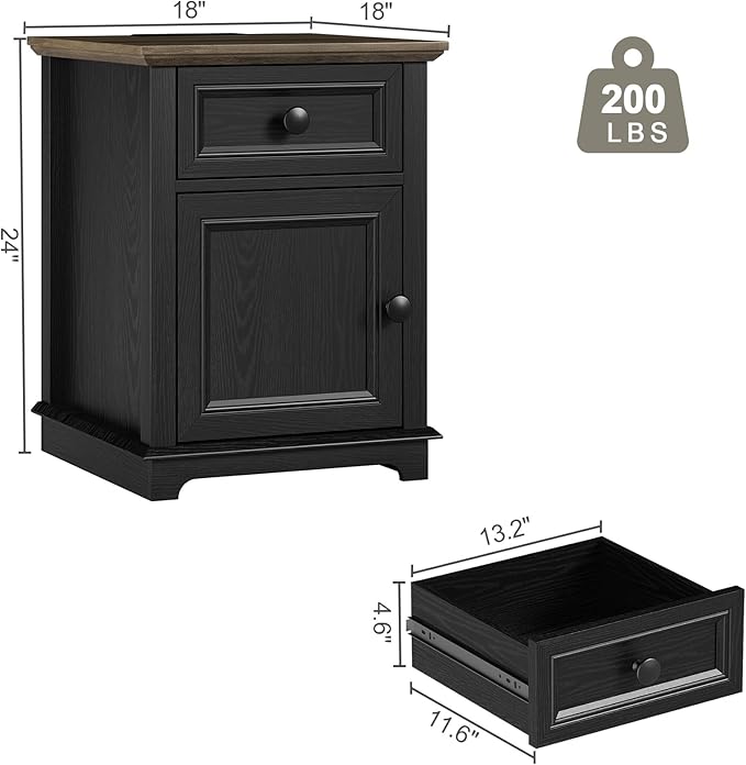 End Table with Charging Station, Fast Charge, End Table with Drawer, Big Storage Side Table for Living Room/Bedroom, Black