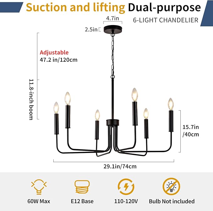 Farmhouse Candle Chandelier, 6 Light Rustic Black Ceiling Pendant Light Fixture, L-Arm Design Industrial Dining Room Hanging Lighting for Living Room, Entryway, Foyer, Kitchen Island