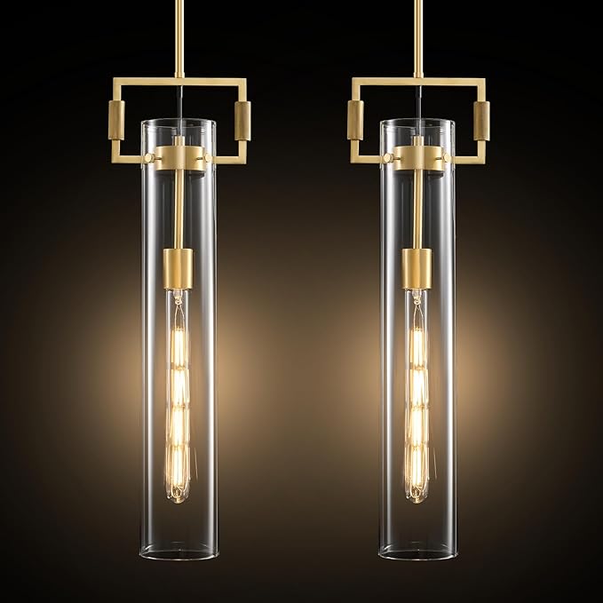 Modern Gold Glass Pendant Light: Knurled Brass Pendant Lights Kitchen Island Set of 2 - Minimalist Pendants Lighting Fixtures with Long Tube - Dimmable Hanging Light Fixture over Table Bulb included