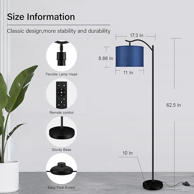 BoostArea Floor Lamp for Living Room,Arc Floor Lamp with Remote Control,Stepless Dimmable Brightness & Colors Temperature 2700k-6500k,Modern Standing Lamp for Bedroom Study Room Office,Blue