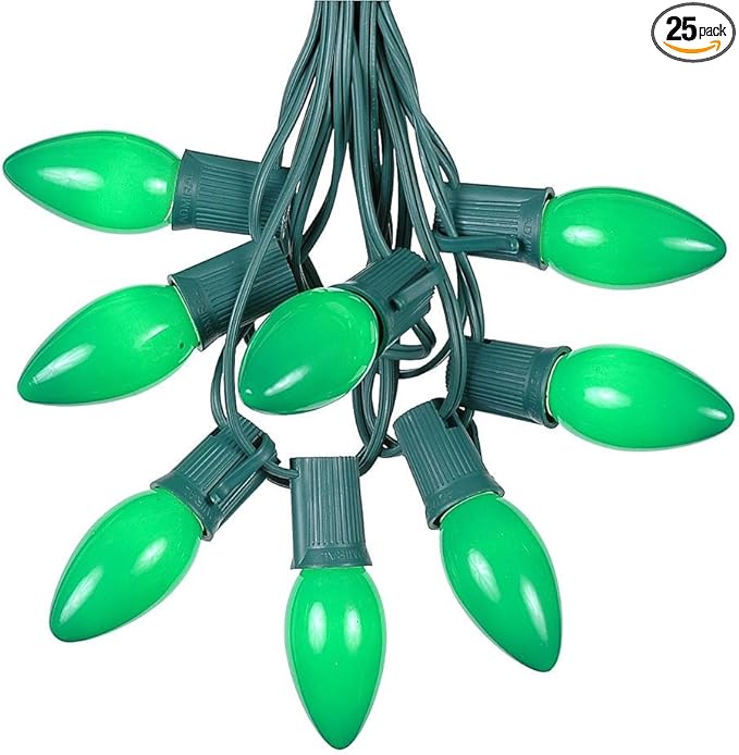 25 Foot Multi C9 Ceramic Christmas Lights Set - Indoor/Outdoor Christmas Light String - Christmas Tree Lights – Opaque Christmas Bulbs - Roofline Light String – Outdoor String Lights - Green Wire