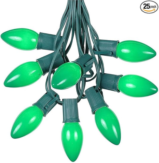 25 Foot Multi C9 Ceramic Christmas Lights Set - Indoor/Outdoor Christmas Light String - Christmas Tree Lights – Opaque Christmas Bulbs - Roofline Light String – Outdoor String Lights - Green Wire