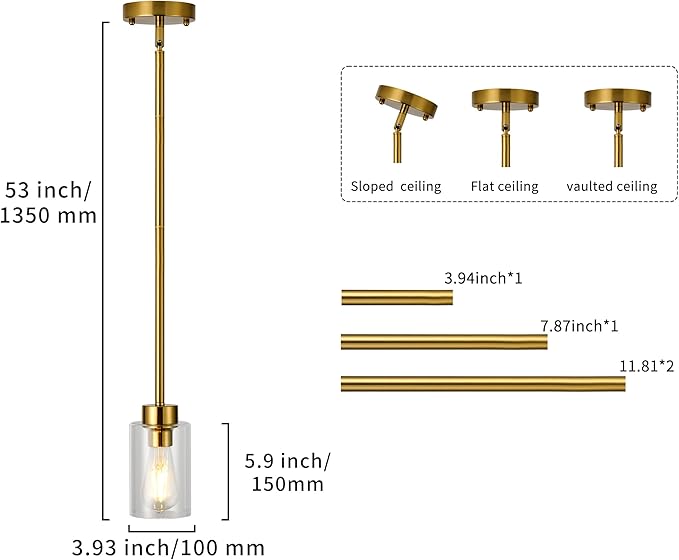 Brass Pendant Lights Kitchen Island 3 Pack, Farmhouse Gold Pendant Light with Clear Glass Shade, Kitchen Island Lighting for Dining Room Entrywa