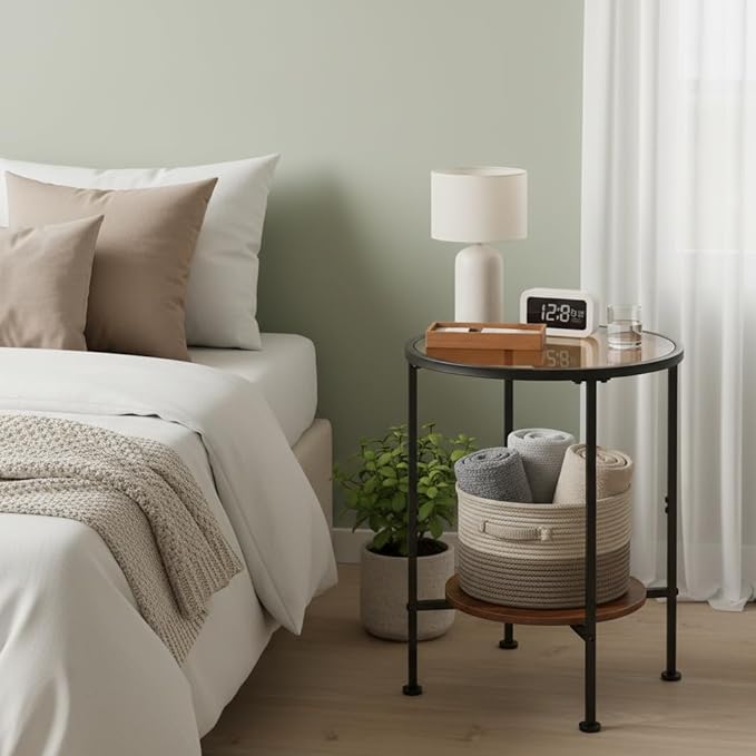 Industrial Round Tempered Glass Side Table, 2 Tier Glass Top End Table with Rustic Wood Shelf, Small Black Nightstand,Bedside Table with Metal Frame for Living Room, Bedroom, Small Spaces
