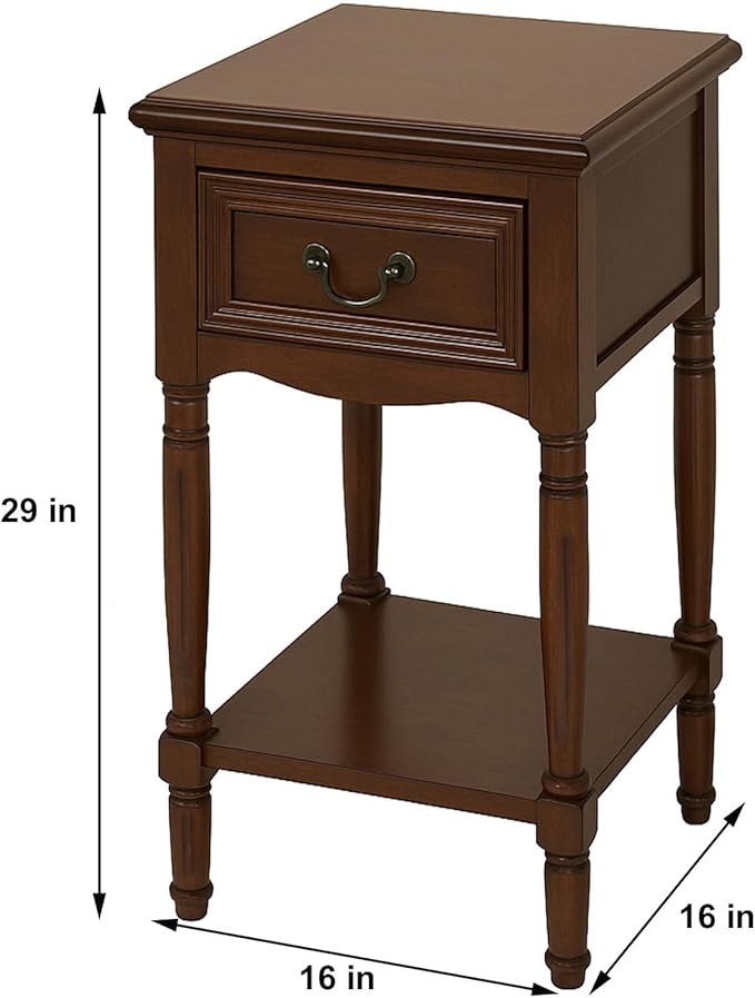 Urban Designs Wooden Accent Table/Nightstand with Drawer and Bottom Shelf – 29" H, 16" L x 16" W - Brown