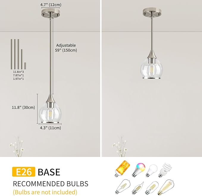1-Piece Brushed Nickel Island Light for Kitchen, 1-Light Brushed Nickel Hanging Pendant Light with Clear Round Glass Shade for Dining Room,Bedroom