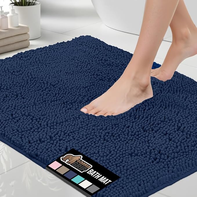 GORILLA GRIP Bath Rug Mat 30x20, Thick Soft Absorbent Chenille, Quick Dry Microfiber Mats, Rubber Backing Washable Shower Floor Rugs, US Designed Bathroom Bathmat Home Decor Accessories, Navy Blue