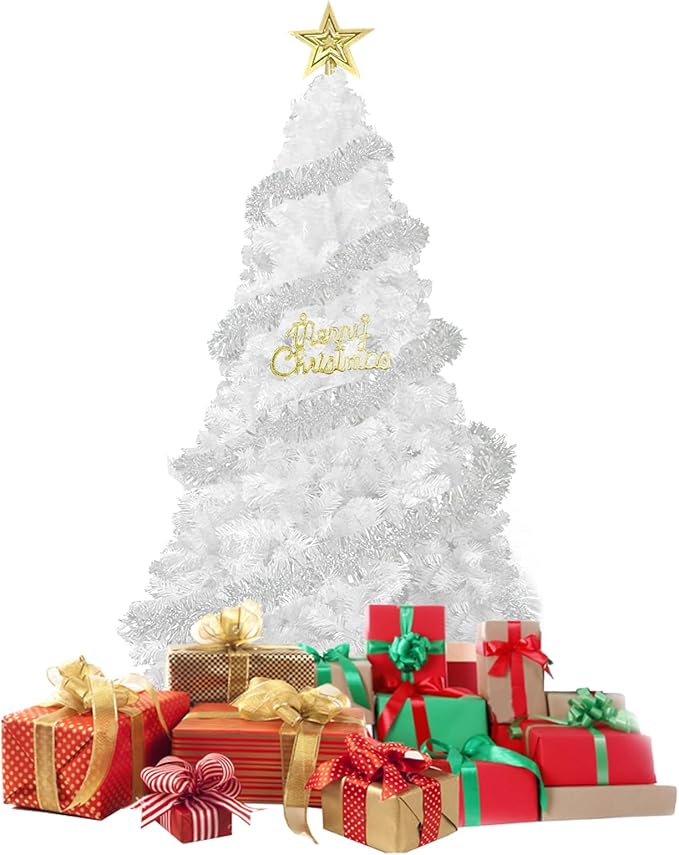 5FT Artificial Christmas Tree, Full Premium Hinged Artificial Pine Tree with 450 Branch Tips Metal Stand for Outdoor & Indoor (White)