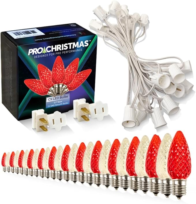 Pro Christmas C9 LED Christmas Light Kit for Rooflines & Pathways – DIY Cut to Length, Outdoor Commercial Grade (White Wire w/Vampire Plugs, 25 Bulbs, 25 ft) Warm White and Red