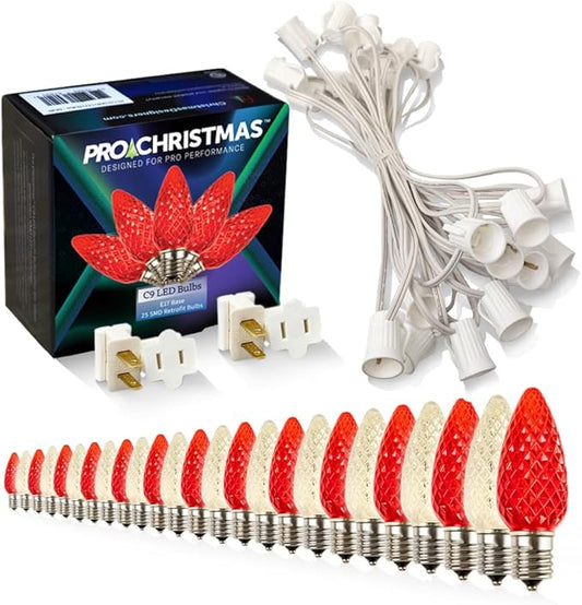 Pro Christmas C9 LED Christmas Light Kit for Rooflines & Pathways – DIY Cut to Length, Outdoor Commercial Grade (White Wire w/Vampire Plugs, 25 Bulbs, 25 ft) Warm White and Red