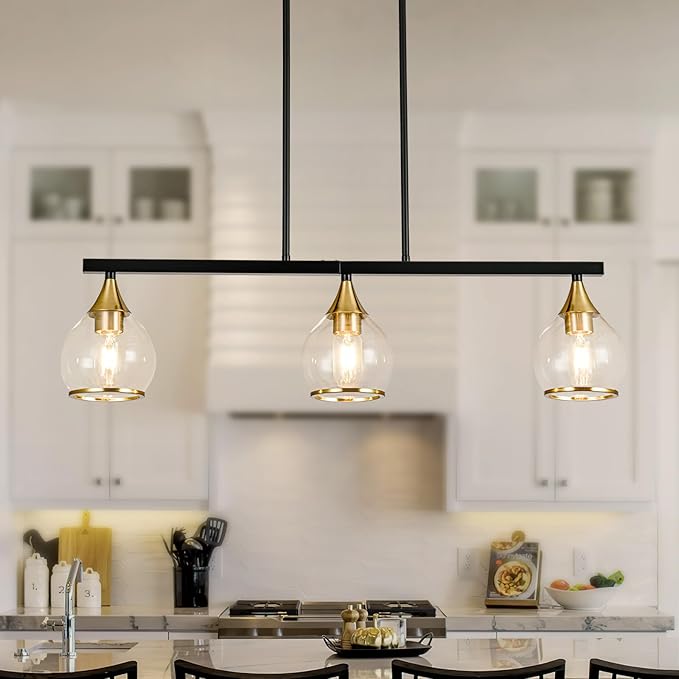 Island Light for Kitchen, 3-Light Black and Gold Kitchen Island Farmhouse Linear Hanging Pendant Chandeliers, Matte Black Dining Room Light Fixture Over Table with Clear Round Glass Shades