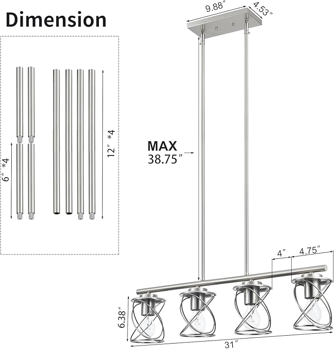 Kitchen Island Light, 4-Light Dining Room Lighting Fixtures Hanging, Farmhouse Linear Pendant Light for Kitchen Island Table Living Room with Adjustable Rods, Brushed Nickel