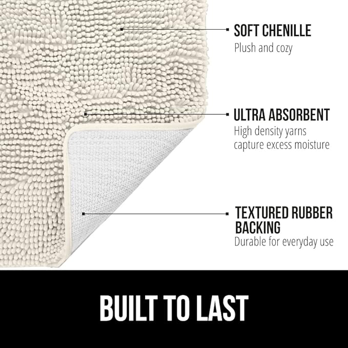 GORILLA GRIP Bath Rug Mat 60x24, Thick Soft Absorbent Chenille, Quick Dry Microfiber Mats, Rubber Backing Washable Shower Floor Rugs, Bathmat Runner, US Designed Bathroom Home Decor Accessories Ivory