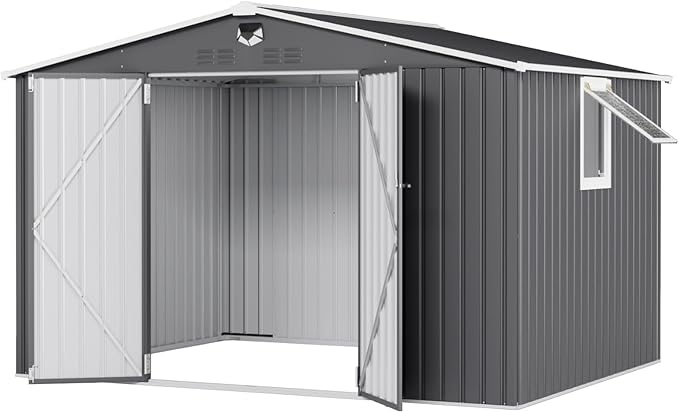 10x8 FT Outdoor Storage Shed, Metal Sheds & Outdoor Storage, Waterproof Sheds with Lockable Doors for Backyard (Black, with Window)