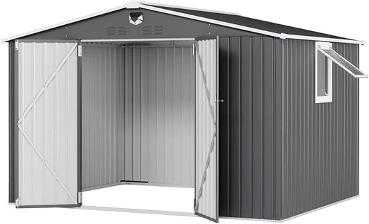 10x8 FT Outdoor Storage Shed, Metal Sheds & Outdoor Storage, Waterproof Sheds with Lockable Doors for Backyard (Black, with Window)