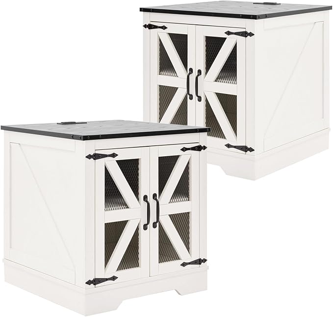 Large Farmhouse End Table Set of 2 with Charging Station and Mesh Barn Door, Rustic Black Wood Nightstand with Storage Shelf for Living Room & Bedroom