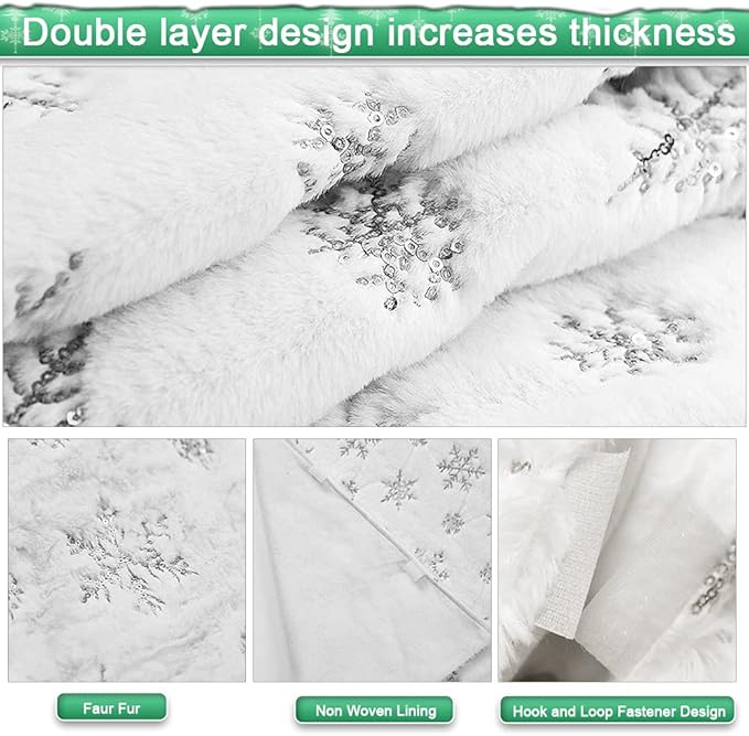 84 Inch Silver Snowflake Faux Fur Christmas Tree Skirt - Glitter Sequin Collar with Felt Base for 7.5-15 Ft Trees