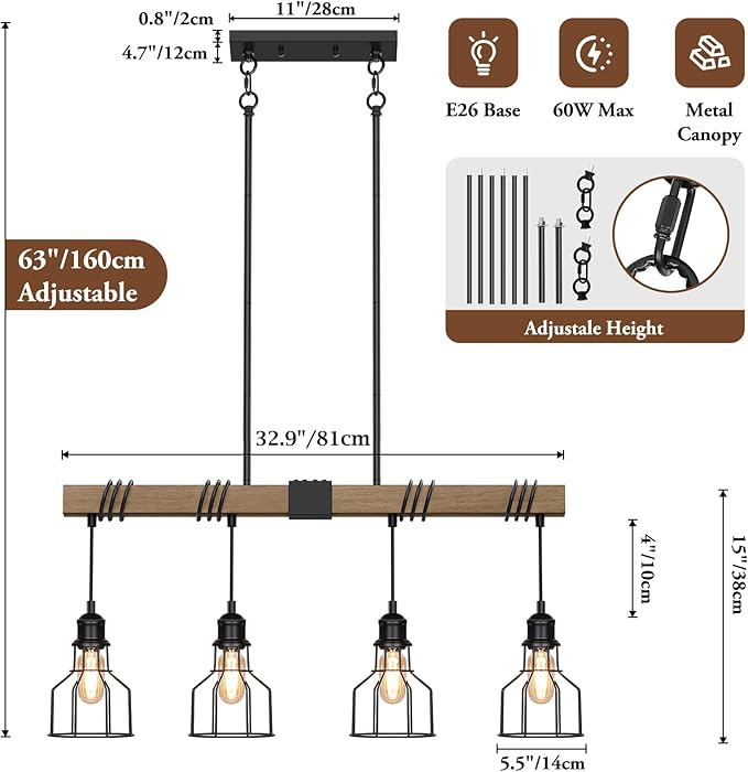 4-Light Kitchen Island Lighting, 63" Adjustable Height Pendant Light Fixtures Black Metal & Rustic Wood Modern Dining Room Chandelier Over Table with E26 Base for Farmhouse Bar